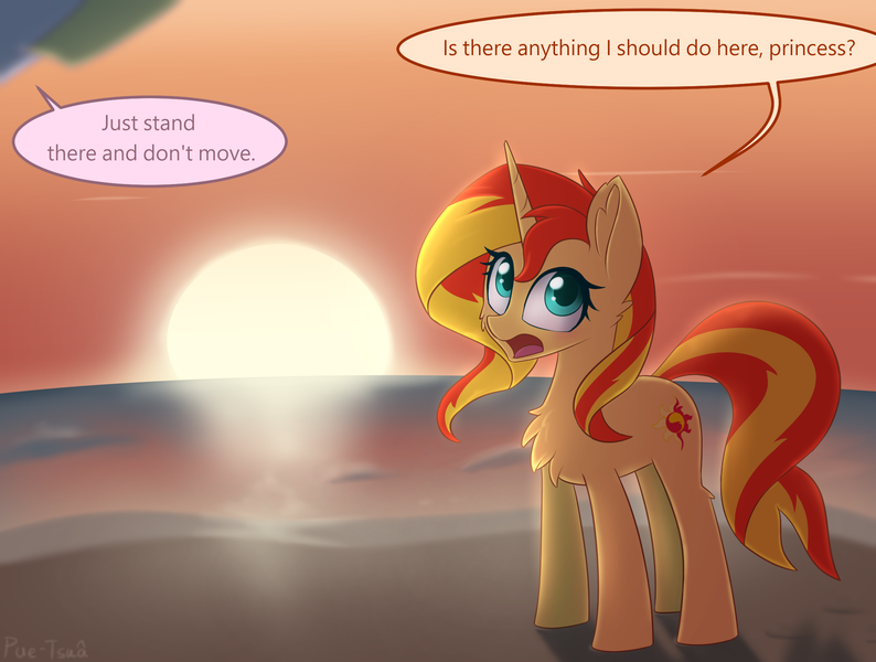 Size: 2175x1643 | Tagged: safe, artist:puetsua, derpibooru import, sunset shimmer, pony, unicorn, equestria girls, chest fluff, female, looking back, mare, namesake, open mouth, pun, speech bubble, sun, sunset, sunshine shimmer, visual pun