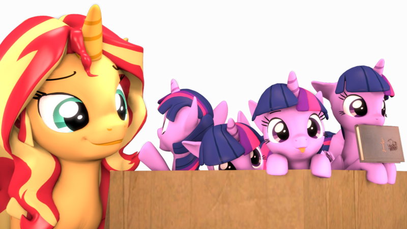 Size: 4088x2300 | Tagged: safe, artist:flushthebatsanta, derpibooru import, sunset shimmer, twilight sparkle, twilight sparkle (alicorn), alicorn, pony, unicorn, 3d, :p, book, box, cute, female, head tilt, hnnng, looking at you, mare, micro, mlem, mouth hold, multeity, nom, open mouth, peeking, pony in a box, silly, silly pony, simple background, size difference, smiling, sparkle sparkle sparkle, tiny, tiny ponies, tongue out, transparent background, twiabetes