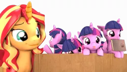 Size: 4088x2300 | Tagged: safe, artist:flushthebatsanta, derpibooru import, sunset shimmer, twilight sparkle, twilight sparkle (alicorn), alicorn, pony, unicorn, 3d, :p, book, box, cute, female, head tilt, hnnng, looking at you, mare, micro, mlem, mouth hold, multeity, nom, open mouth, peeking, pony in a box, silly, silly pony, simple background, size difference, smiling, sparkle sparkle sparkle, tiny, tiny ponies, tongue out, transparent background, twiabetes