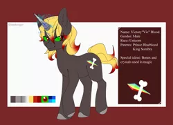 Size: 1261x913 | Tagged: safe, artist:gr0ttie, derpibooru import, oc, oc:victory blood, pony, unicorn, magical gay spawn, male, offspring, parent:king sombra, parent:prince blueblood, reference sheet, solo, stallion