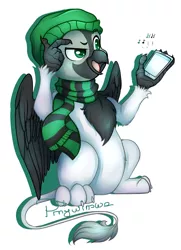 Size: 1902x2631 | Tagged: safe, artist:pingwinowa, derpibooru import, oc, gryphon, beanie, clothes, commission, digital art, griffon oc, hat, mobile phone, music, music notes, phone, scarf