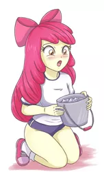 Size: 1661x2733 | Tagged: safe, artist:sumin6301, derpibooru import, apple bloom, human, equestria girls, blushing, bow, breasts, bucket, busty apple bloom, clothes, converse, hair bow, ice, ice bucket challenge, open mouth, shirt, shoes, shorts, simple background, socks, solo, white background