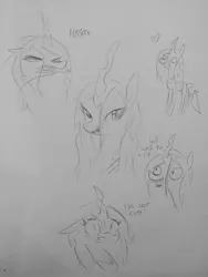 Size: 1440x1920 | Tagged: safe, artist:tjpones, derpibooru import, queen chrysalis, changeling, changeling queen, blushing, bust, cute, cutealis, dialogue, female, heart, hissing, i'm not cute, lineart, pencil drawing, sharp teeth, simple background, sketch, sketch dump, solo, teeth, traditional art