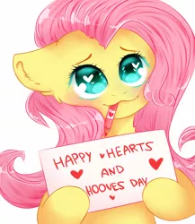 Size: 2000x2300 | Tagged: safe, artist:etoz, derpibooru import, fluttershy, pegasus, pony, blushing, bust, cute, eyebrows, eyebrows down, female, floppy ears, full face view, happy, happy valentines day, heart, heart eyes, hearts and hooves day, holiday, hoof hold, looking at you, looking up, looking up at you, mare, mouth hold, pencil, portrait, shyabetes, sign, simple background, smiling, solo, valentine's day, white background, wingding eyes