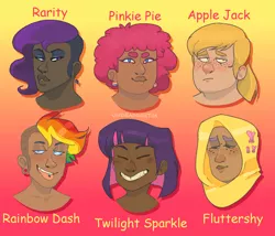 Size: 966x828 | Tagged: safe, artist:undeaddoktor, derpibooru import, applejack, fluttershy, pinkie pie, rainbow dash, rarity, twilight sparkle, human, asian, blushing, chubby, comic sans, curly hair, dark skin, diversity, ear piercing, eyes closed, eyeshadow, freckles, gradient background, grin, headcanon, humanized, islam, islamashy, lidded eyes, light skin, looking at you, looking down, makeup, mexican, moderate dark skin, nightmare fuel, piercing, religion, shaved, smiling, smirk, tongue out, tumblr nose