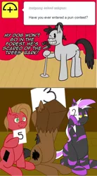 Size: 888x1603 | Tagged: artist:tumble-trotter, ask, ask pun, derpibooru import, female, hybrid, male, mare, microphone, oc, oc:pun, oc:ugly pony, oc:vaudeville, oc:vexin, paper bag, safe, stallion, zony