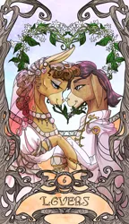 Size: 822x1425 | Tagged: safe, artist:sourcherry, derpibooru import, cranky doodle donkey, matilda, donkey, clothes, crankilda, dress, female, heart, holding hooves, jewelry, major arcana, male, marriage, shipping, straight, tarot, tarot card, wedding, wedding dress