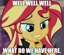 Size: 519x451 | Tagged: safe, derpibooru import, edit, edited screencap, screencap, sunset shimmer, equestria girls, friendship games, bedroom eyes, caption, image macro, impact font, pleased, text