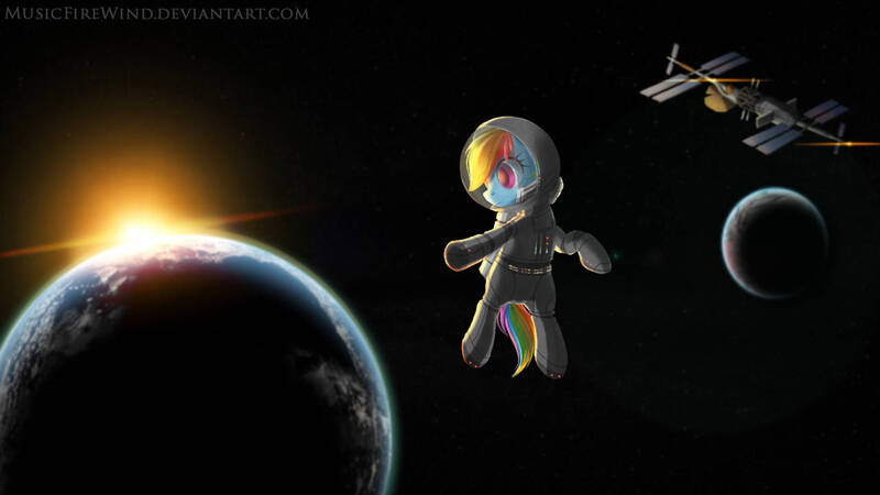 Size: 1280x720 | Tagged: safe, artist:musicfirewind, derpibooru import, rainbow dash, pony, astronaut, floating, lost, moon, planet, satellite, solo, space, spacesuit, stars, sun