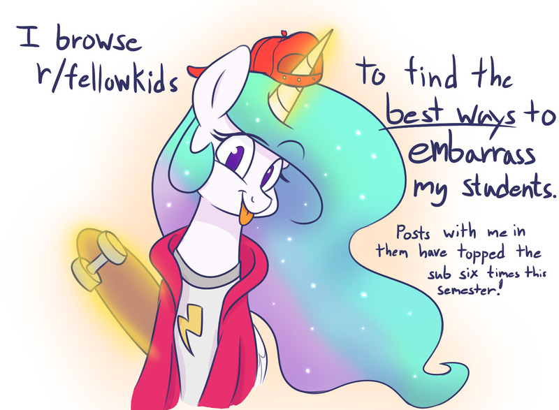 Size: 1280x939 | Tagged: safe, artist:heir-of-rick, derpibooru import, princess celestia, alicorn, pony, 30 rock, :p, backwards ballcap, baseball cap, cap, clothes, cute, dialogue, female, hat, hoodie, how do you do fellow kids, looking at you, magic, mare, no pupils, reddit, shirt, silly, simple background, skateboard, solo, tongue out, trollestia, white background