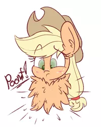 Size: 1200x1500 | Tagged: safe, artist:heir-of-rick, derpibooru import, applejack, earth pony, pony, blushing, bust, chest fluff, cute, female, fluffy, impossibly large chest fluff, mare, onomatopoeia, portrait, simple background, solo, white background