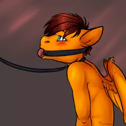 Size: 2500x2500 | Tagged: anthro, artist:lionmom, ballgag, bdsm, blushing, collar, derpibooru import, gag, gradient background, leash, male, malesub, oc, oc:lucky, pegasus, submissive, suggestive