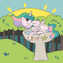 Size: 1000x1000 | Tagged: safe, artist:lilsunshinesam, derpibooru import, princess celestia, alicorn, pony, behaving like a bird, bird bath, female, forest, mare, solo, sun, tree