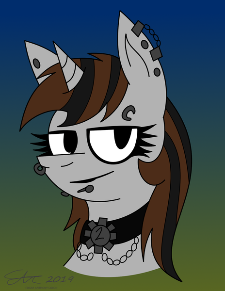 Size: 1384x1789 | Tagged: safe, artist:derpanater, derpibooru import, oc, oc:littlepip, unofficial characters only, pony, unicorn, fallout equestria, fanfic, bust, ear piercing, eyebrow piercing, fanfic art, female, goth, gradient background, horn, looking at you, mare, nose piercing, piercing, portrait, solo