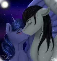 Size: 1600x1720 | Tagged: safe, artist:amywhooves, derpibooru import, princess luna, oc, oc:skyline, alicorn, pony, canon x oc, commission, eyes closed, female, kissing, male