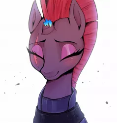 Size: 1131x1189 | Tagged: safe, artist:hosikawa, derpibooru import, fizzlepop berrytwist, tempest shadow, pony, unicorn, my little pony: the movie, :3, adorable face, armor, blushing, broken horn, bust, cute, eye scar, eyes closed, eyeshadow, female, horn, makeup, mare, portrait, pretty pretty tempest, scar, simple background, smiling, solo, sparkles, tempestbetes, when she smiles, white background