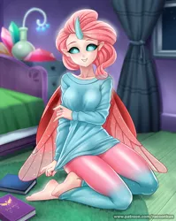 Size: 796x1000 | Tagged: artist:racoonsan, barefoot, bed, book, breasts, busty ocellus, changedling, changeling, clothes, curtains, cute, derpibooru import, feet, female, horn, horned humanization, human, humanized, kneeling, moe, ocellus, older, older ocellus, safe, season 8, smiling, solo, spoiler:s08, window, winged humanization, wings