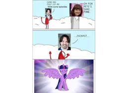 Size: 960x720 | Tagged: alicorn, caption, dank memes, derpibooru import, devil, edit, edited screencap, editor:countcoltnackh, exploitable meme, human, image macro, lauren faust, magical mystery cure, m.a. larson, meme, safe, screencap, shitposting, text, thanks m.a. larson, twilight sparkle, twilight sparkle (alicorn)