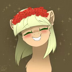Size: 3500x3500 | Tagged: safe, artist:airfly-pony, derpibooru import, oc, unofficial characters only, earth pony, pony, abstract background, blushing, bust, cheek fluff, cute, ear fluff, eyes closed, female, floral head wreath, flower, flower in hair, fluffy, freckles, grin, happy, mare, not applejack, ocbetes, portrait, rcf community, shoulder fluff, smiling, solo, sparkles, squee, stars, teeth