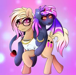 Size: 2401x2363 | Tagged: safe, artist:aaa-its-spook, derpibooru import, oc, oc:cam, oc:spook, demon, demon pony, earth pony, original species, pony, accessories, cool, demon tail, female, friendship, glasses, horns