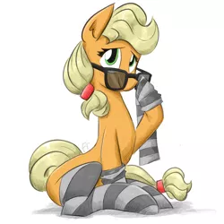 Size: 1200x1200 | Tagged: safe, artist:flutterthrash, derpibooru import, applejack, earth pony, pony, adorkable, clothes, cute, dork, female, glasses, hoof hold, jackabetes, lidded eyes, looking at you, mare, simple background, sitting, smiling, socks, solo, stockings, striped socks, sunglasses, thigh highs, white background