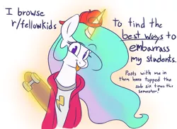 Size: 1500x1100 | Tagged: safe, alternate version, artist:heir-of-rick, derpibooru import, princess celestia, alicorn, pony, 30 rock, :p, backwards ballcap, baseball cap, cap, clothes, cute, dialogue, female, hat, hoodie, how do you do fellow kids, looking at you, magic, mare, no pupils, reddit, shirt, silly, simple background, skateboard, solo, tongue out, white background