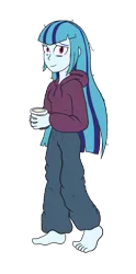 Size: 475x957 | Tagged: safe, artist:scraggleman, derpibooru import, sonata dusk, equestria girls, rainbow rocks, alternate hairstyle, bags under eyes, barefoot, clothes, feet, food, hoodie, neet, noodles, pants, ramen, simple background, solo, sweatpants, transparent background