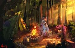 Size: 4000x2554 | Tagged: safe, artist:alumx, derpibooru import, rainbow dash, scootaloo, pegasus, pony, berries, campfire, camping, campsite, crepuscular rays, cute, cutealoo, dashabetes, female, filly, food, forest, happy, hoof hold, log, looking up, mare, marshmallow, mouth hold, nature, open mouth, outdoors, pot, scenery, scootalove, signature, sitting, smiling, stick, tent, tree