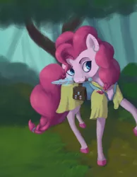 Size: 2560x3300 | Tagged: safe, artist:terrafomer, derpibooru import, pinkie pie, earth pony, pony, :3, bag, bard, bard pie, bow, clothes, cutie mark, dagger, fantasy class, female, forest, hair bow, magic, magic weapon, saddle bag, solo, weapon