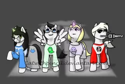 Size: 1024x693 | Tagged: safe, artist:catwithpencil, derpibooru import, ponified, earth pony, pegasus, pony, unicorn, bucktooth, clothes, crossover, dave strider, deviantart watermark, eyebrows, eyelashes, female, glasses, glowing horn, homestuck, horn, jade harley, john egbert, looking at you, looking up, male, mare, obtrusive watermark, raised hoof, rose lalonde, shirt, signature, skirt, smiling, spread wings, stallion, sunglasses, sword, watermark, weapon, wings