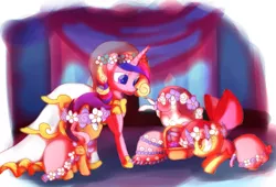 Size: 1701x1157 | Tagged: safe, artist:andromedasparkz, derpibooru import, apple bloom, princess cadance, scootaloo, sweetie belle, alicorn, earth pony, pegasus, pony, unicorn, a canterlot wedding, bride, clothes, cutie mark crusaders, dress, female, filly, floral head wreath, flower, flower filly, flower girl, flower girl dress, marriage, smiling, wedding, wedding dress, wedding veil