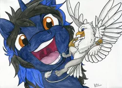 Size: 1698x1234 | Tagged: safe, artist:jenkiwi, derpibooru import, oc, oc:der, oc:floofy, unofficial characters only, gryphon, unicorn, duo, floss, flossing, male, micro, open mouth, spread wings, teeth, traditional art, wings