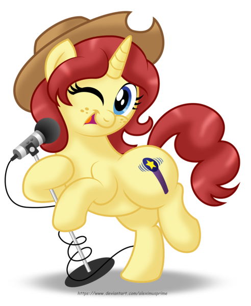 Size: 2820x3442 | Tagged: safe, artist:aleximusprime, derpibooru import, oc, oc:eilemonty, pony, unicorn, cowboy hat, cutie mark, eilemonty, female, freckles, hat, high res, microphone, one eye closed, solo, wink