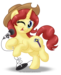 Size: 2820x3442 | Tagged: safe, artist:aleximusprime, derpibooru import, oc, oc:eilemonty, pony, unicorn, cowboy hat, cutie mark, eilemonty, female, freckles, hat, high res, microphone, one eye closed, solo, wink