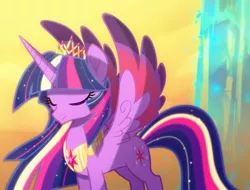 Size: 910x691 | Tagged: safe, artist:light262, derpibooru import, twilight sparkle, twilight sparkle (alicorn), alicorn, pony, comic:timey wimey, colored wings, comic, cropped, crown, element of magic, ethereal mane, eyes closed, female, jewelry, multicolored wings, necklace, older, older twilight, rainbow power, regalia, solo, spread wings, ultimate twilight, wings