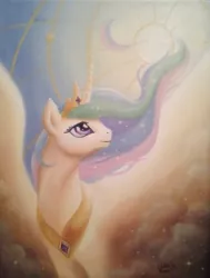 Size: 430x568 | Tagged: safe, artist:cynthia conner, artist:dracontiar, derpibooru import, edit, princess celestia, alicorn, pony, better source needed, cloud, cropped, ethereal mane, female, jewelry, looking up, majestic, mare, regalia, smiling, solo, spread wings, starry mane, sun, traditional art, windswept mane, wings