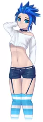 Size: 400x1140 | Tagged: anime, artist:justafallingstar, belly, belly button, clothes, collar, derpibooru import, femboy, garter belt, human, humanized, humanized oc, male, midriff, oc, oc:vibrant star, off shoulder, shorts, simple background, sketch, socks, solo, solo male, striped socks, suggestive, sweater, white background