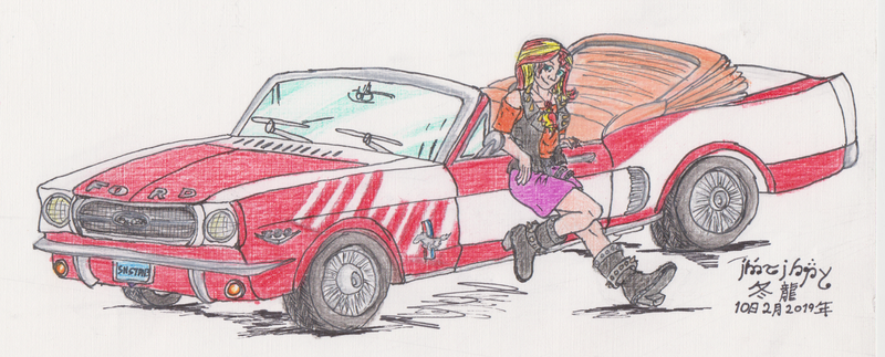 Size: 3090x1249 | Tagged: safe, artist:edhelistar, derpibooru import, sunset shimmer, human, fanfic:continuity saga, equestria girls, equestria girls series, boots, car, clothes, collar, convertible, crossover, fanfic art, ford mustang, geode of empathy, high heel boots, human coloration, humanized, jacket, kanji, leather, leather jacket, looking at you, magical geodes, miniskirt, override, pun, reclining, shoes, signature, simple background, skirt, species swap, spiked collar, tengwar, traditional art, transformers, visual pun, white background