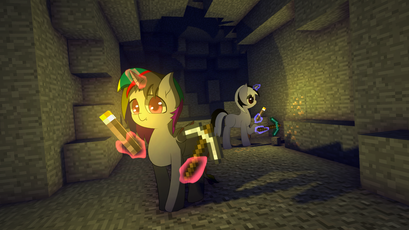 Size: 2560x1440 | Tagged: safe, artist:jerryenderby, derpibooru import, oc, unofficial characters only, pony, unicorn, diamond pickaxe, iron ore, iron pickaxe, minecraft, pickaxe, torch