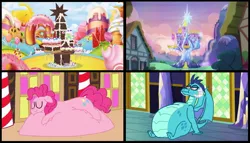 Size: 1011x578 | Tagged: suggestive, artist:jamesawilliams1996, derpibooru import, pinkie pie, princess ember, dragon, pony, belly, belly bed, big belly, cake, candy, candy cane, castle, chocolate, dragon lord ember, dragonlard ember, eating, fat, food, huge belly, impossibly large belly, large belly, obese, piggy pie, pudgy pie, sleeping