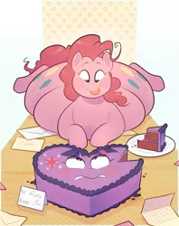 Size: 1485x1875 | Tagged: safe, artist:secretgoombaman12345, derpibooru import, pinkie pie, twilight sparkle, abstract background, balloonbutt, butt, cake, cellular peptide cake (with mint frosting), fat, fetish, food, food transformation, heart, holiday, inanimate tf, obese, pudgy pie, tongue out, transformation, twicake, valentine's day, vore, worried