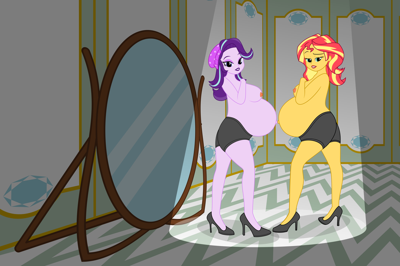 Size: 6000x4000 | Tagged: questionable, artist:mintydrop2013, derpibooru import, starlight glimmer, sunset shimmer, equestria girls, bedroom eyes, belly, belly button, big belly, breasts, clothes, duo, duo female, female, high heels, lipstick, looking at you, makeup, mirror, nipples, nudity, outie belly button, pregnant, pregnant equestria girls, purple lipstick, red lipstick, sexy, shoes, spotlight, underwear