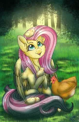 Size: 900x1386 | Tagged: safe, artist:tillie-tmb, derpibooru import, fluttershy, bird, chicken, pony, chicks, cute, shyabetes, solo