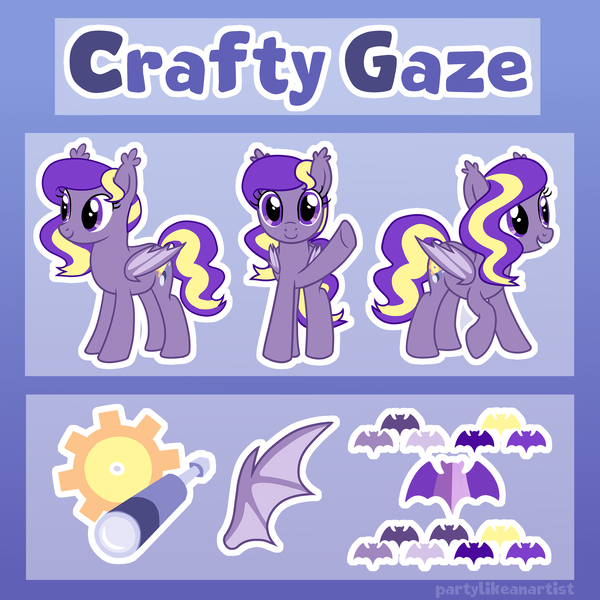 Size: 4000x4000 | Tagged: safe, artist:partylikeanartist, derpibooru import, oc, oc:crafty gaze, unofficial characters only, bat, bat pony, pony, bat pony oc, bat wings, c:, cute, cutie mark, ear tufts, female, gear, grin, looking at you, mare, ocbetes, open mouth, raised hoof, reference, reference sheet, smiling, solo, spread wings, spyglass, text, waving, wings