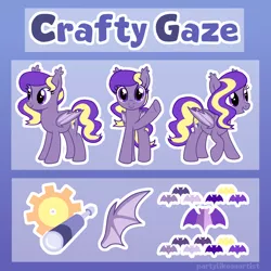 Size: 4000x4000 | Tagged: safe, artist:partylikeanartist, derpibooru import, oc, oc:crafty gaze, unofficial characters only, bat, bat pony, pony, bat pony oc, bat wings, c:, cute, cutie mark, ear tufts, female, gear, grin, looking at you, mare, ocbetes, open mouth, raised hoof, reference, reference sheet, smiling, solo, spread wings, spyglass, text, waving, wings