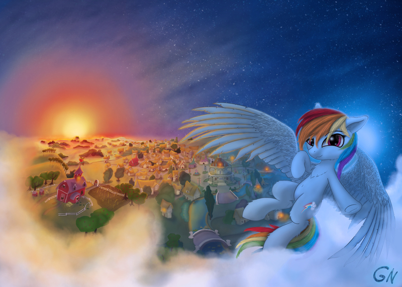 Size: 2100x1500 | Tagged: safe, artist:gouransion, derpibooru import, rainbow dash, pegasus, pony, female, flying, mare, moon, ponyville, solo, spread wings, stars, sun, sunrise, sunset, sweet apple acres, wings