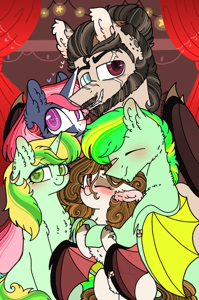 Size: 1822x2744 | Tagged: safe, artist:myfantasy08, derpibooru import, oc, oc:equino echonnus, oc:lemonade echonnus, oc:lemony echonnus, oc:meggan radiant, oc:stanley echonnus, unofficial characters only, bat pony, demon, pony, succubus, unicorn, arm fluff, bat wings, beautiful mane, belly fluff, blushing, body fluff, broken horns, brother and sister, chest fluff, colored wings, comfy, couples, dad, daughter, demon horns, ear fluff, ear piercing, earring, eyelashes, eyes closed, face scar, facial hair, family, family photo, fangs, female, femboy, fluffy, freckles, glass eye, heart, heart eyes, hoof fluff, hug, hug from behind, jewelry, king, lemino, looking at camera, looking at someone, looking at you, makeup, male, marriage rings, married, married couple, mom, multicolored body, multicolored mane, multicolored tail, multicolored wings, natural makeup, oc x oc, one eye closed, piercing, ponytail, queen, quintet, red curtain, repaired wings, shipping, siblings, sisters, sitting, smiling, smiling at you, son, spread wings, stains, stars, unicorn cow, unicorn horns, wall of tags, wingding eyes, wings