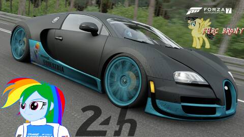 Size: 480x270 | Tagged: safe, artist:forzaveteranenigma, derpibooru import, rainbow dash, fanfic:equestria motorsports, equestria girls, 24h le mans, bugatti, bugatti veyron, bugatti veyron supersports, car, carbon fiber, driving, forza motorsport 7, hypercar, le mans, photo, racing, watermark