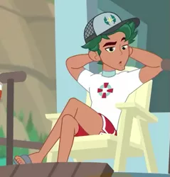Size: 509x532 | Tagged: safe, derpibooru import, screencap, timber spruce, equestria girls, equestria girls series, turf war, arm behind head, cap, clothes, cropped, feet, hat, lifeguard, lifeguard timber, male, male feet, sandals, shorts