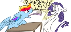 Size: 666x303 | Tagged: safe, artist:bebbies, artist:grixxynix, artist:the-doodle-queen, derpibooru import, rainbow dash, rarity, pegasus, pony, unicorn, disgusted, duo, female, floppy ears, food, long tongue, mare, simple background, speech, speech bubble, talking, tongue out, white background